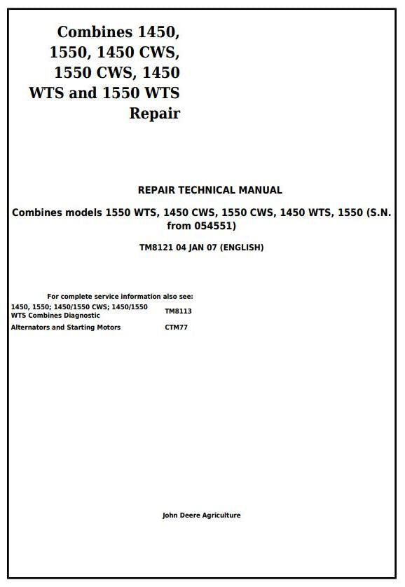 Pdf TM8121 John Deere 1450, 1550, 1450CWS, 1550CWS, 1450WTS, 1550WTS Combine Repair Service Manual