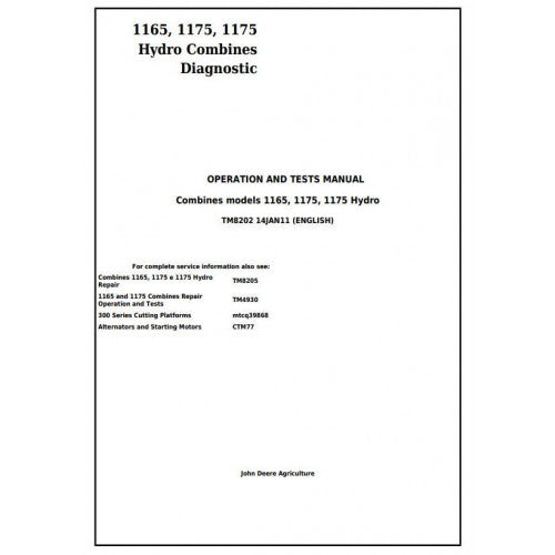 Pdf TM8202 John Deere 1165, 1175, 1175 Hydro Combine Diagnostic and Test Service Manual