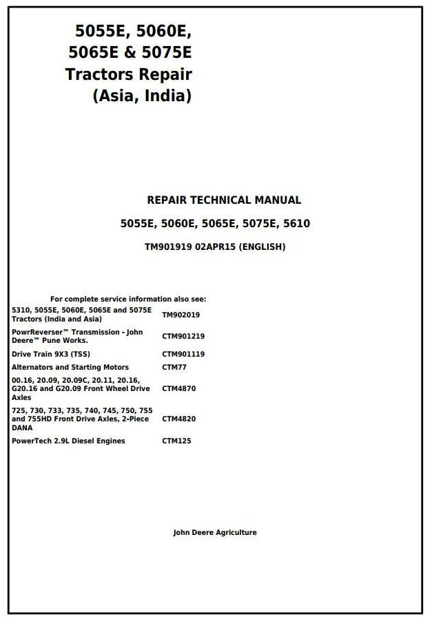 Pdf TM901919 John Deere 5055E 5060E 5065E & 5075E Asia India Tractor Repair Service Manual