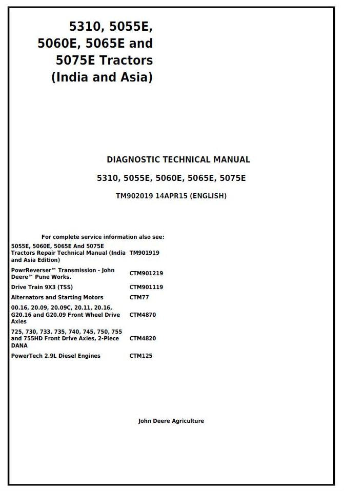 Pdf TM902019 John Deere 5310, 5055E, 5060E, 5065E and 5075E India Asia Tractor Diagnosis and Test Service Manual