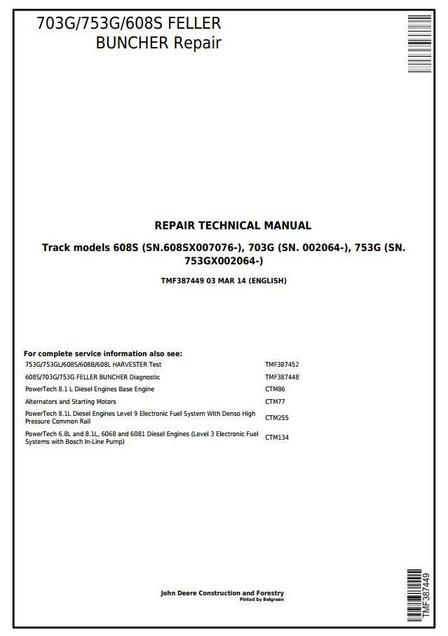 Pdf TMF387449 John Deere 703G, 753G, 608S Feller Buncher Harvester Repair Service Manual