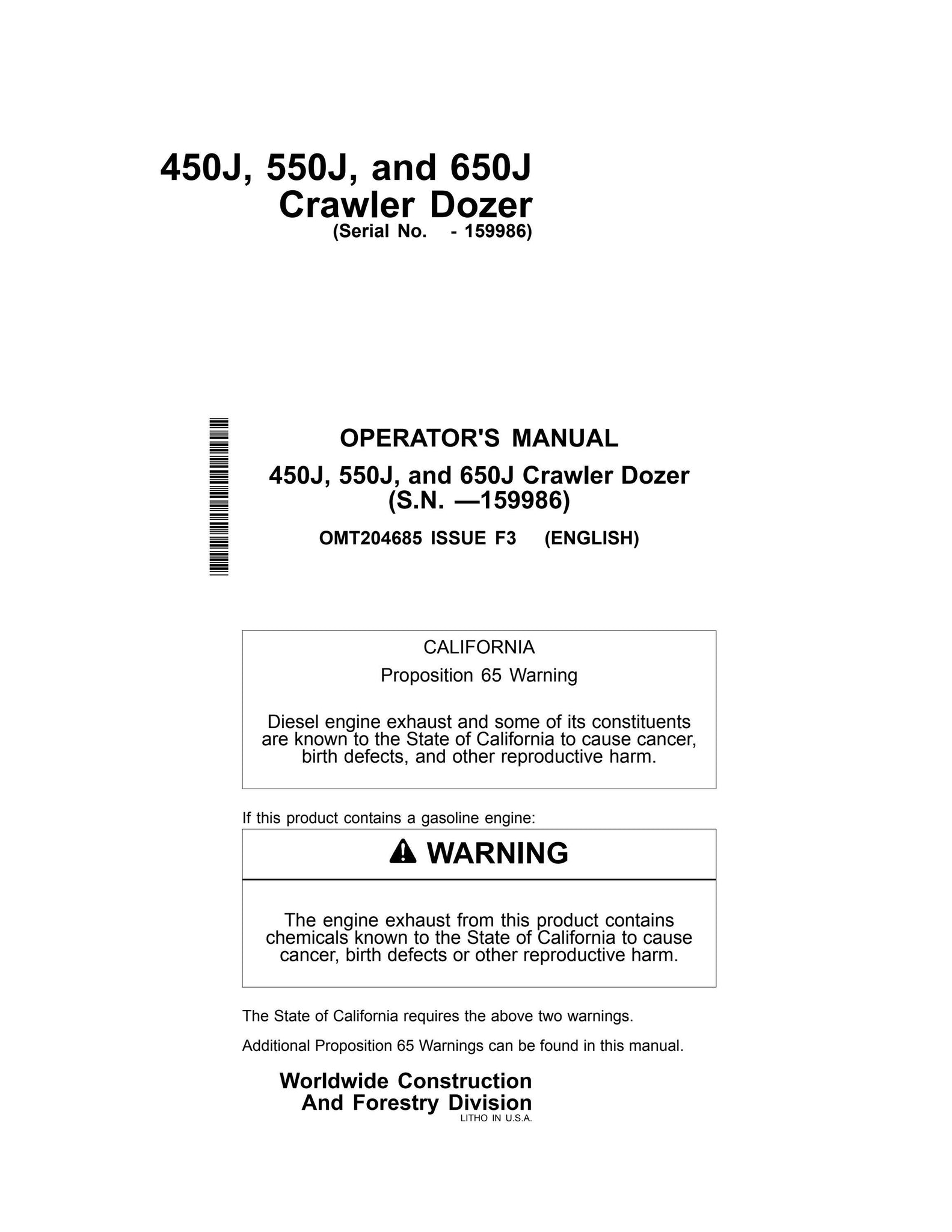 650J John Deere Crawler Dozer Operator Manual - OMT204685