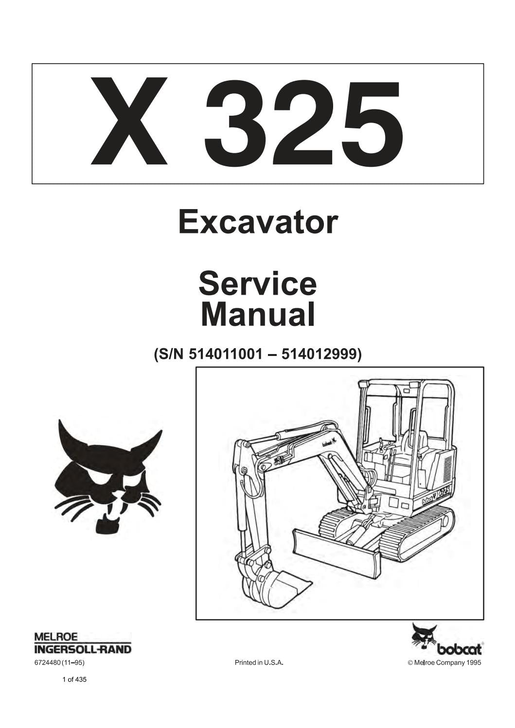 Bobcat X325 Hydraulic Excavator (S/N 514011001 – 514012999)