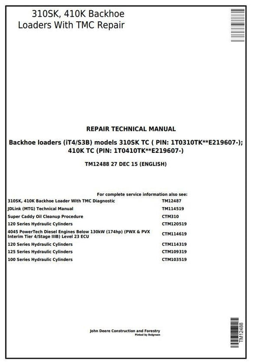 Pdf TM12488 John Deere Backhoe Loader 310SK TC 410K TC W.TMC (IT4/S3B) Service Repair Manual