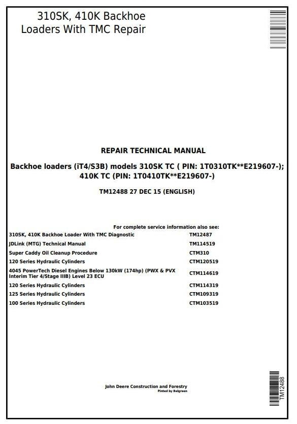 Pdf TM12488 John Deere Backhoe Loader 310SK TC 410K TC W.TMC (IT4/S3B) Service Repair Manual