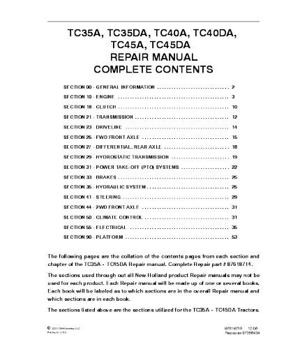 SERVICE MANUAL - NEW HOLLAND TC35A, TC35DA, TC40A, TC40DA, TC45A, TC45DA TRACTOR DOWNLOAD