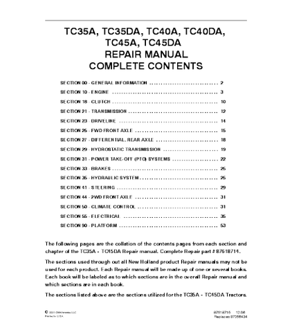 SERVICE MANUAL - NEW HOLLAND TC35A, TC35DA, TC40A, TC40DA, TC45A, TC45DA TRACTOR DOWNLOAD