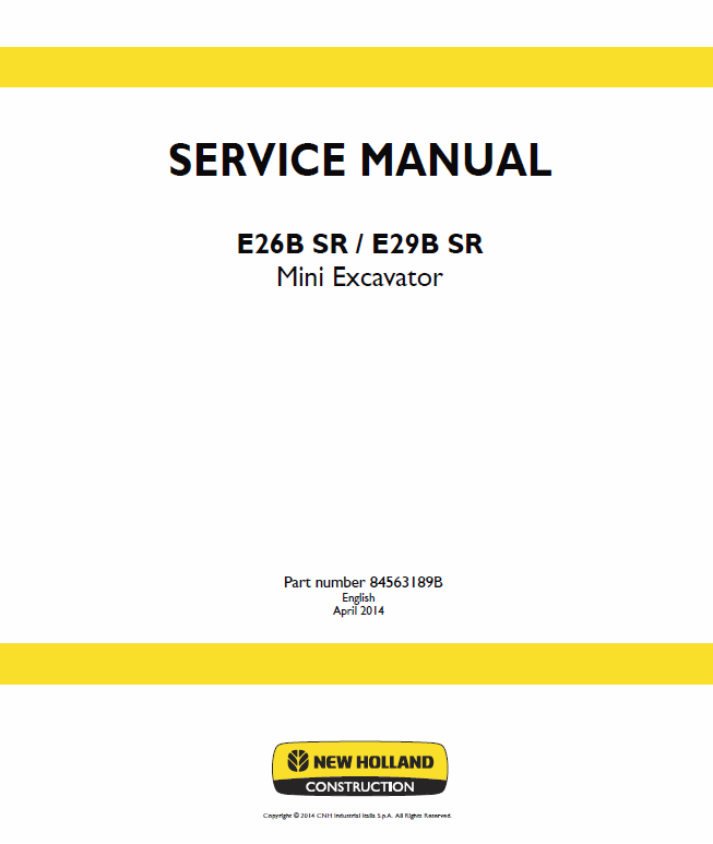 Service Manual - New Holland E26B SR, E29B SR Mini Excavator 84563189B