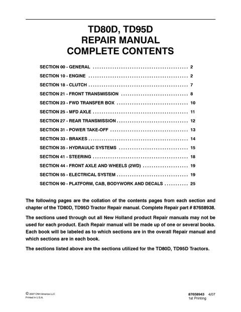 Service Manual - New Holland TD80D TD95D Tractor 87658938