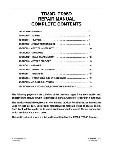 Service Manual - New Holland TD80D TD95D Tractor 87658938