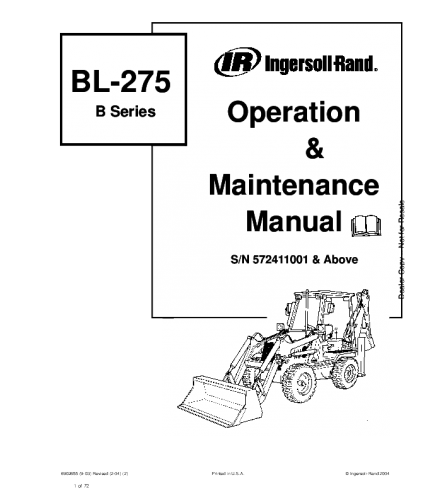 OPERATION AND MAINTENANCE MANUAL - BOBCAT BL-275 B SERIES BACKHOE LOADER 572411001 & ABOVE 