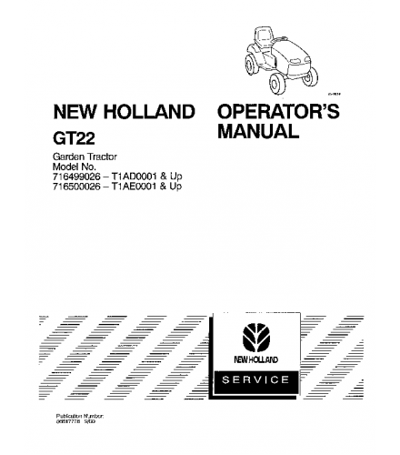 OPERATOR'S MANUAL - NEW HOLLAND FORD GT22 GARDEN TRACTOR DOWNLOAD