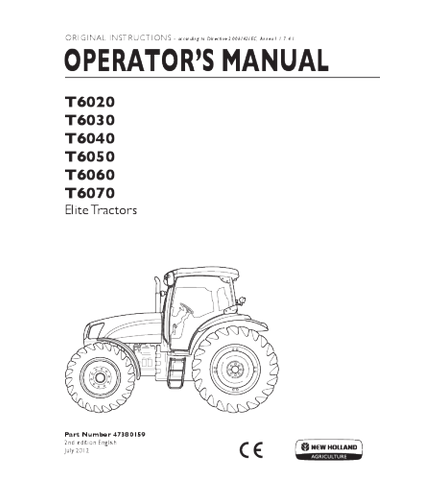 OPERATOR'S MANUAL - NEW HOLLAND T6020, T6030, T6040, T6050, T6060, T6070 ELITE TRACTOR DOWNLOAD