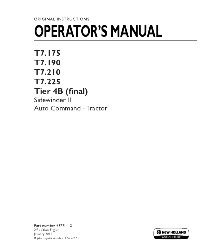 OPERATOR'S MANUAL - NEW HOLLAND T7.175, T7.190, T7.210, T7.225 TIER 4B FINAL TRACTOR DOWNLOAD