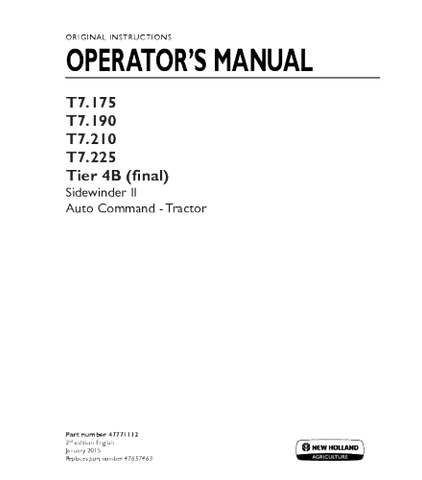 OPERATOR'S MANUAL - NEW HOLLAND T7.175, T7.190, T7.210, T7.225 TIER 4B FINAL TRACTOR DOWNLOAD