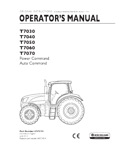 OPERATOR'S MANUAL - NEW HOLLAND T7030, T7040, T7050, T7060, T7070 POWER & AUTO COMMAND TRACTOR DOWNLOAD