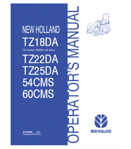 OPERATOR'S MANUAL - NEW HOLLAND TZ18DA, TZ22DA, TZ25DA TRACTOR DOWNLOAD