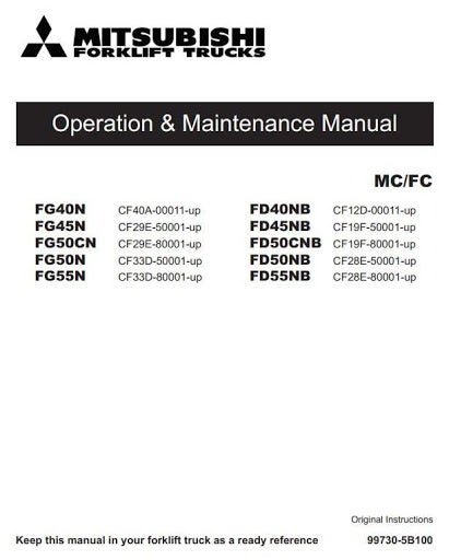 Operating and Maintenance Manual - Mitsubishi FD40NB FD45NB FG50NB FD55NB FG40N FG45N FG50N FG55N Truck Download