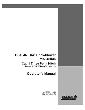 Operator’s Manual-Case IH Tractor BS164R 64` Snowblower #715348036-Cat 1 Three Point Hitch 84357593