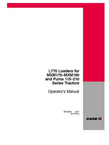 Operator’s Manual-Case IH Tractor L770 Loaders for MXM175-MXM190 & Puma 87753765