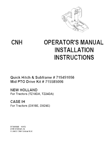 Operator’s Manual-Case IH Tractor MID PTO Drive Quick Hitch & Subframe TZ18DA, TZ24DA, DX18E, DX24E 87300088