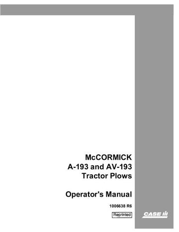 Operator’s Manual-Case IH Tractor McCormick A-193 AV-193 Tractor Plows for Super A AV Tractor 1006638R6