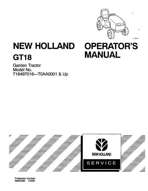 Operator’s Manual - New Holland GT18 Garden Tractor 86602566