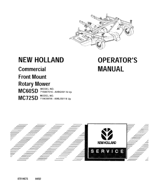 Operator’s Manual - New Holland MC60SD MC72SD Commercial Front Mount Rotary Mower 87014673