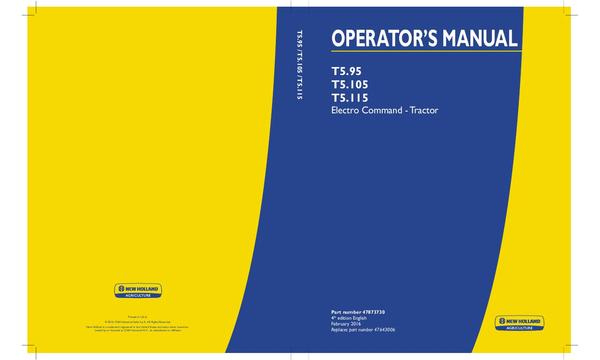 Operator's Manual - New Holland T5.95 T5.105 T5.115 Electro Command Tractor 47873730