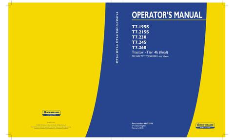 Operator's Manual - New Holland T7.195S T7.215S T7.230 T7.245 T7.260 Tractor Tier 4b (final) 48072398