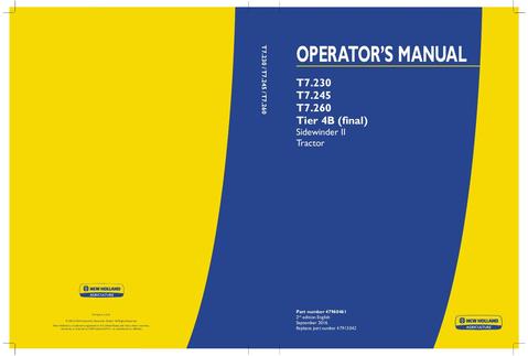 Operator's Manual - New Holland T7.230 T7.245 T7.260 Tier 4B (final) Sidewinder II Tractor 47960461