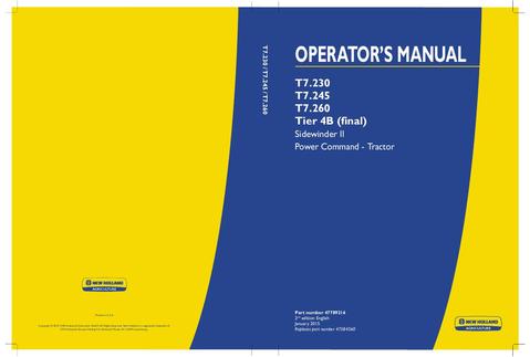 Operator's Manual - New Holland T7.230 T7.245 T7.260 Tier 4B (final) Sidewinder ll Power Command Tractor 47789216