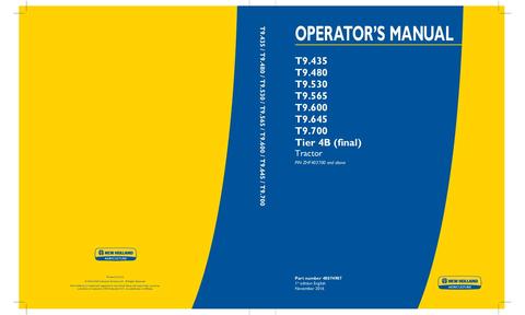 Operator's Manual - New Holland T9.435 T9.480 T9.530 T9.565 T9.600 T9.645 T9.700 Tier 4B (final) Tractor 48074987