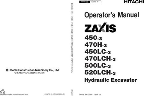 Operators Manual - Hitachi Zaxis 450-3 450LC-3 470H-3 470LCH-3 500LC-3 520LCH-3 Excavator 