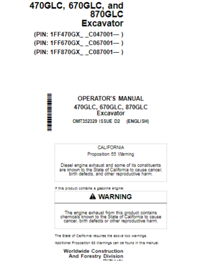 PDF John Deere 470GLC Excavator Operator Manual OMT352329