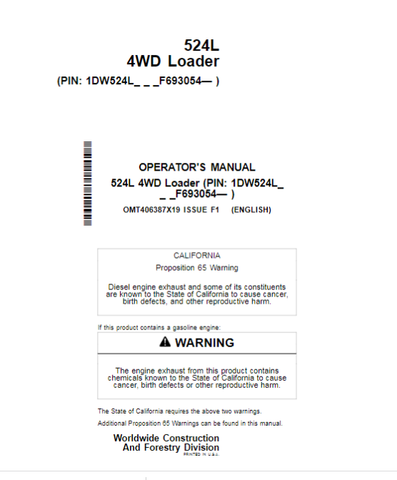 PDF John Deere 524L 4WD Loader Operator Manual OMT406387X19