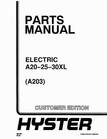Parts Manual - Hyster A20XL, A25XL, A30XL Electric Forklift Truck A203 Series Spare (USA)