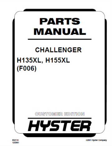 Parts Manual - Hyster H135XL, H155XL (H6.00XL, H7.00XL) Diesel and LPG Forklift Truck F006 Series 