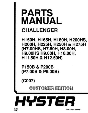 Parts Manual - Hyster H225H H250H H275H H150H H165H H180H H200H(S) P150B P200B Forklift Truck C007 Series 