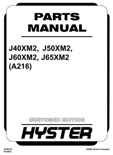 Parts Manual - Hyster J40XM2, J50XM2, J60XM2, J65XM2 Electric Forklift Truck A216 Series (USA)