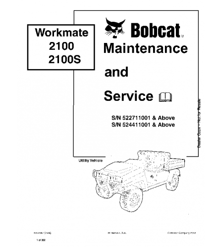 SERVICE MANUAL - BOBCAT 2100, 2100S WORKMATE UTILITY VEHICLE DOWNLOAD