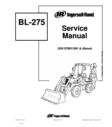 SERVICE MANUAL - BOBCAT BL275 BACKHOE LOADER 570811001 & ABOVE