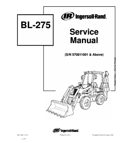 SERVICE MANUAL - BOBCAT BL275 BACKHOE LOADER 570811001 & ABOVE