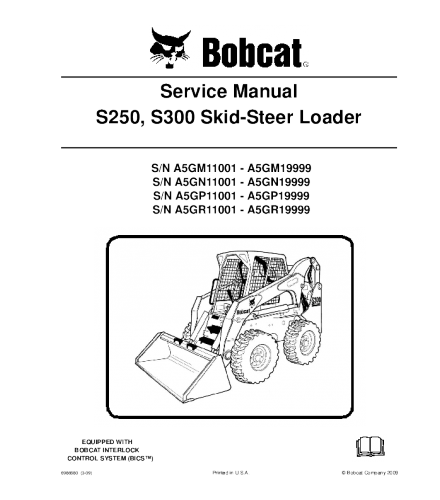 SERVICE MANUAL - BOBCAT S250, S300 SKID STEER LOADER SERIES A5GM11001 & ABOVE, A5GN11001 & ABOVE, A5GP11001 & ABOVE, A5GR11001 & ABOVE