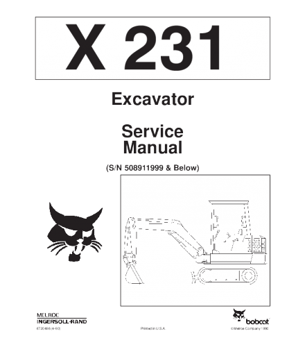 SERVICE MANUAL - BOBCAT X231 EXCAVATOR 508911999 & BELOW