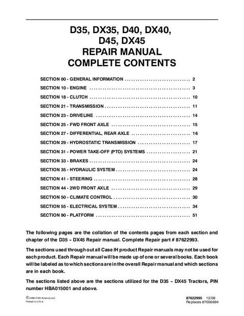 Service Manual - Case IH D35, DX35, D40, DX40, D45, DX45 Tractor HBA015001 & Above