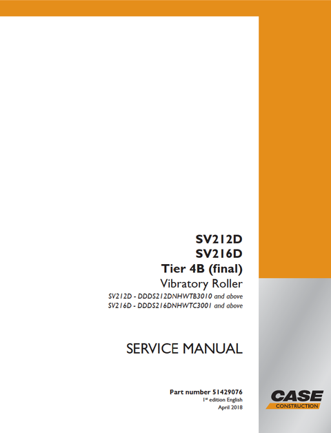 Case SV212D SV216D Tier 4B (final) Vibratory Roller Service Manual