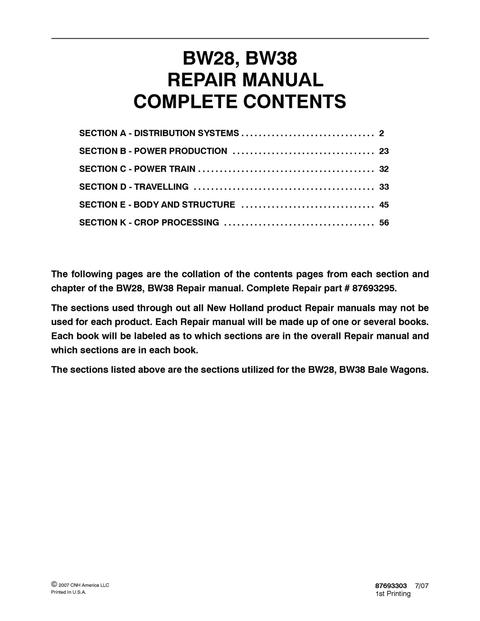 Service Manual - New Holland BW28 BW38 Bale Wagons 87693295