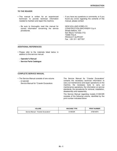 Service Manual - New Holland E140CSR Crawler Excavator 47381457A