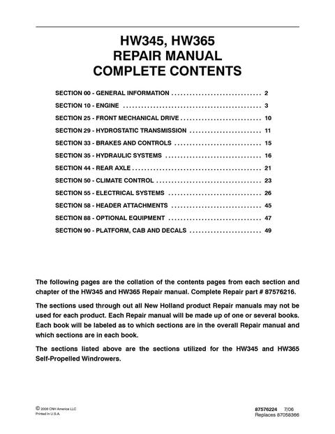 Service Manual - New Holland HW345 HW365 Self-Propelled Windrower 87576216